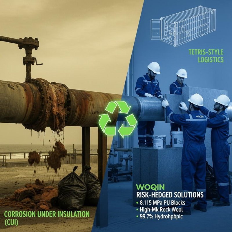 Hebei Woqin technical insulation solution for coastal projects, featuring 8.115MPa PU blocks and 99.7% hydrophobic rock wool to prevent CUI in Middle East salt-spray environments.